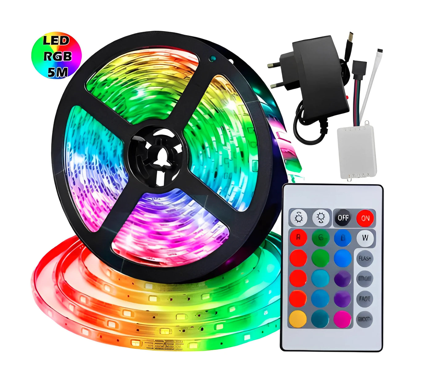 Fita LED RGB de 5 m com fonte e controle de dupla face - Neverdie Store