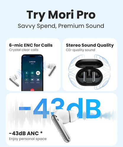 Fones de ouvido HAYLOU Mori Pro Bluetooth 5.4 - 43dB ANC com cancelamento de ruído ativo, fones de ouvido sem fio com 6 microfones e bateria com duração de 35 horas