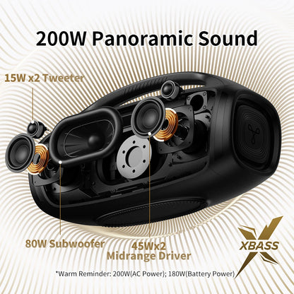 Caixa de som Bluetooth TRIBIT StormBox Blast 2, potência de 200 W com subwoofer, caixa de som para festas externa IP67, 30 horas de reprodução, LED, entrada para microfone