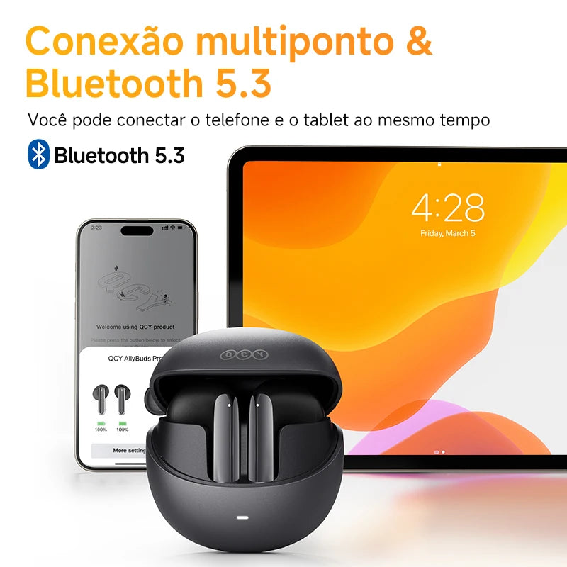 QCY HT10 AilyBuds Pro+ ANC com áudio de alta resolução e Bluetooth 5.3 LDAC, 6 microfones, AI HD, conexão multiponto para chamadas