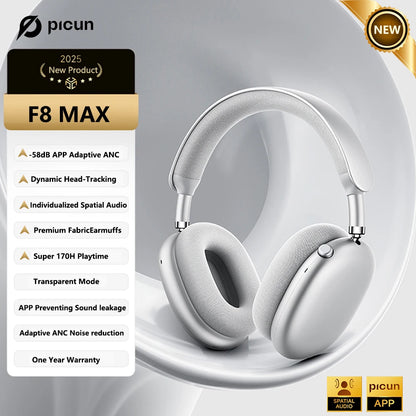 Fones de ouvido sem fio Picun F8 Pro ANC com rastreamento de cabeça, áudio espacial 3D - 52dB ANC HIFI, fone de ouvido Bluetooth ENC, microfone HD, aplicativo de baixa latência