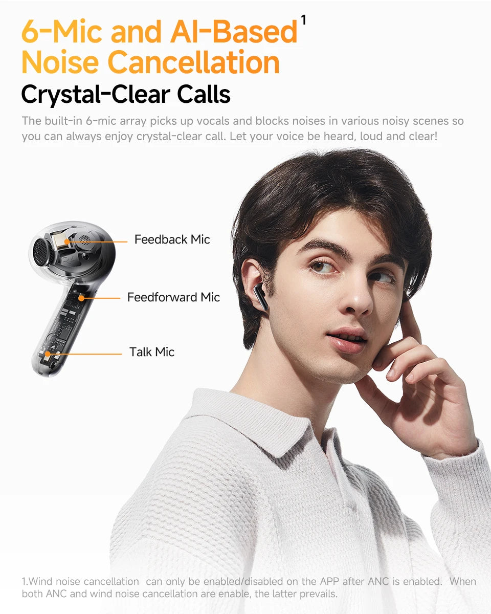 QCY HT10 AilyBuds Pro+ ANC com áudio de alta resolução e Bluetooth 5.3 LDAC, 6 microfones, AI HD, conexão multiponto para chamadas