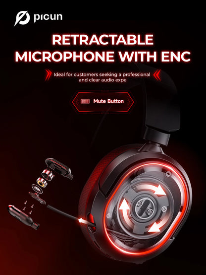 Fone de ouvido sem fio para jogos Picun G2 2.4G Bluetooth 5ms baixa latência 7.1 surround microfone ENC para PC PS4 PS5 Switch de telefone