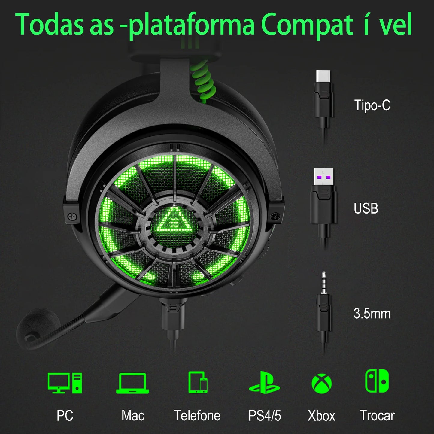 Fones de ouvido gamer profissionais EKSA E5000 para PC/PS4/Xbox/Switch, headset gamer com fio 7.1 e microfone ENC, cabo removível USB/Tipo C/3,5 mm