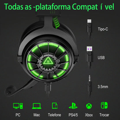 Fones de ouvido gamer profissionais EKSA E5000 para PC/PS4/Xbox/Switch, headset gamer com fio 7.1 e microfone ENC, cabo removível USB/Tipo C/3,5 mm