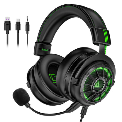 Fones de ouvido gamer profissionais EKSA E5000 para PC/PS4/Xbox/Switch, headset gamer com fio 7.1 e microfone ENC, cabo removível USB/Tipo C/3,5 mm