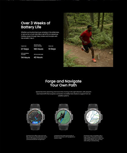 Amazfit T-Rex 3 Smartwatch Outdoor com tela AMOLED de 48 mm, 6 sistemas de satélite, GPS de banda dupla, 170 modos esportivos