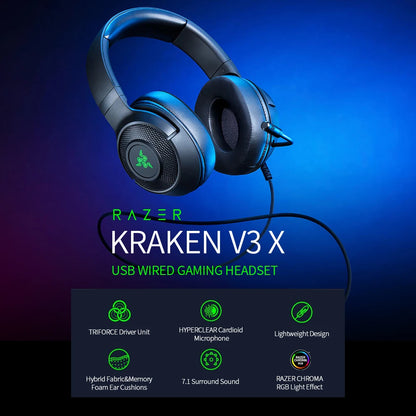 Headset Gamer com Fio Razer Kraken V3 X Original – Som Surround 7.1 com Driver TRIFORCE de 40mm e Microfone Cardioide HYPERCLEAR