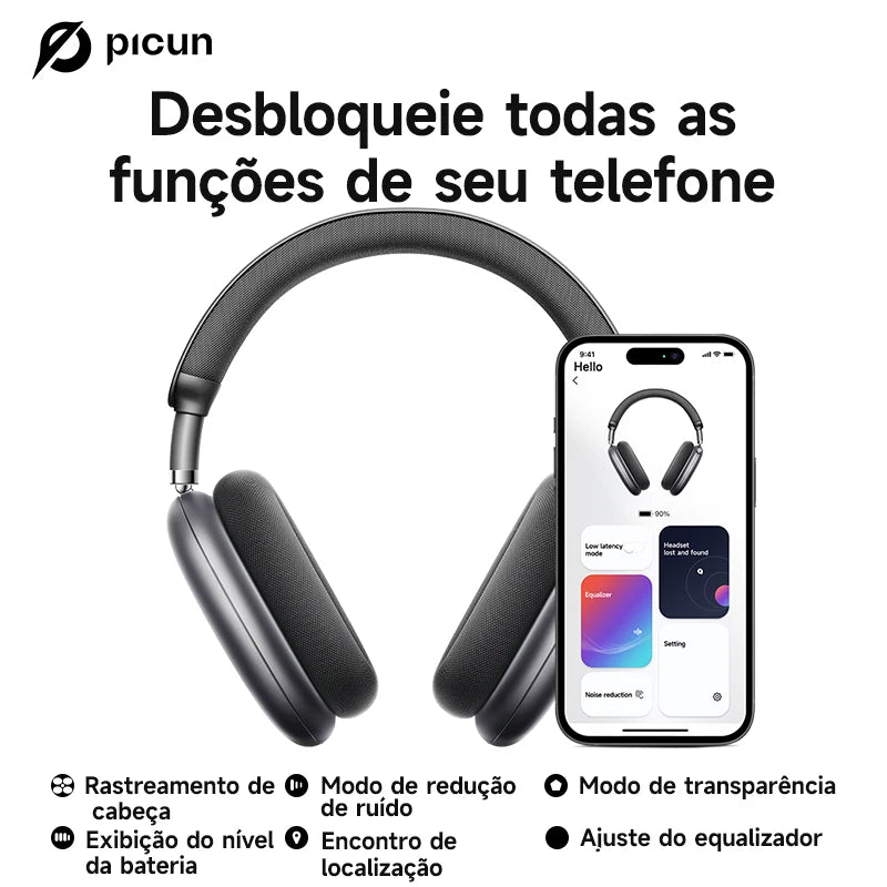 Fones de ouvido sem fio Picun F8 Pro ANC com rastreamento de cabeça, áudio espacial 3D - 52dB ANC HIFI, fone de ouvido Bluetooth ENC, microfone HD, aplicativo de baixa latência