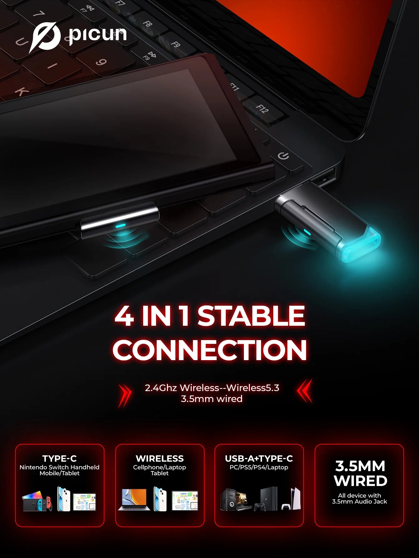 Fone de ouvido sem fio para jogos Picun G2 2.4G Bluetooth 5ms baixa latência 7.1 surround microfone ENC para PC PS4 PS5 Switch de telefone