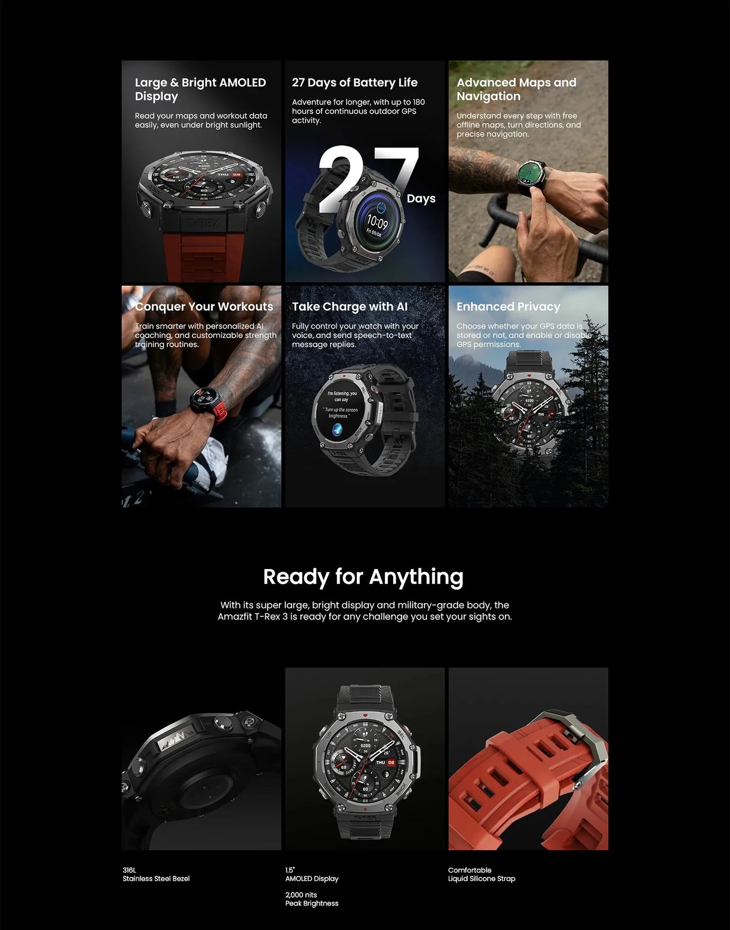 Amazfit T-Rex 3 Smartwatch Outdoor com tela AMOLED de 48 mm, 6 sistemas de satélite, GPS de banda dupla, 170 modos esportivos