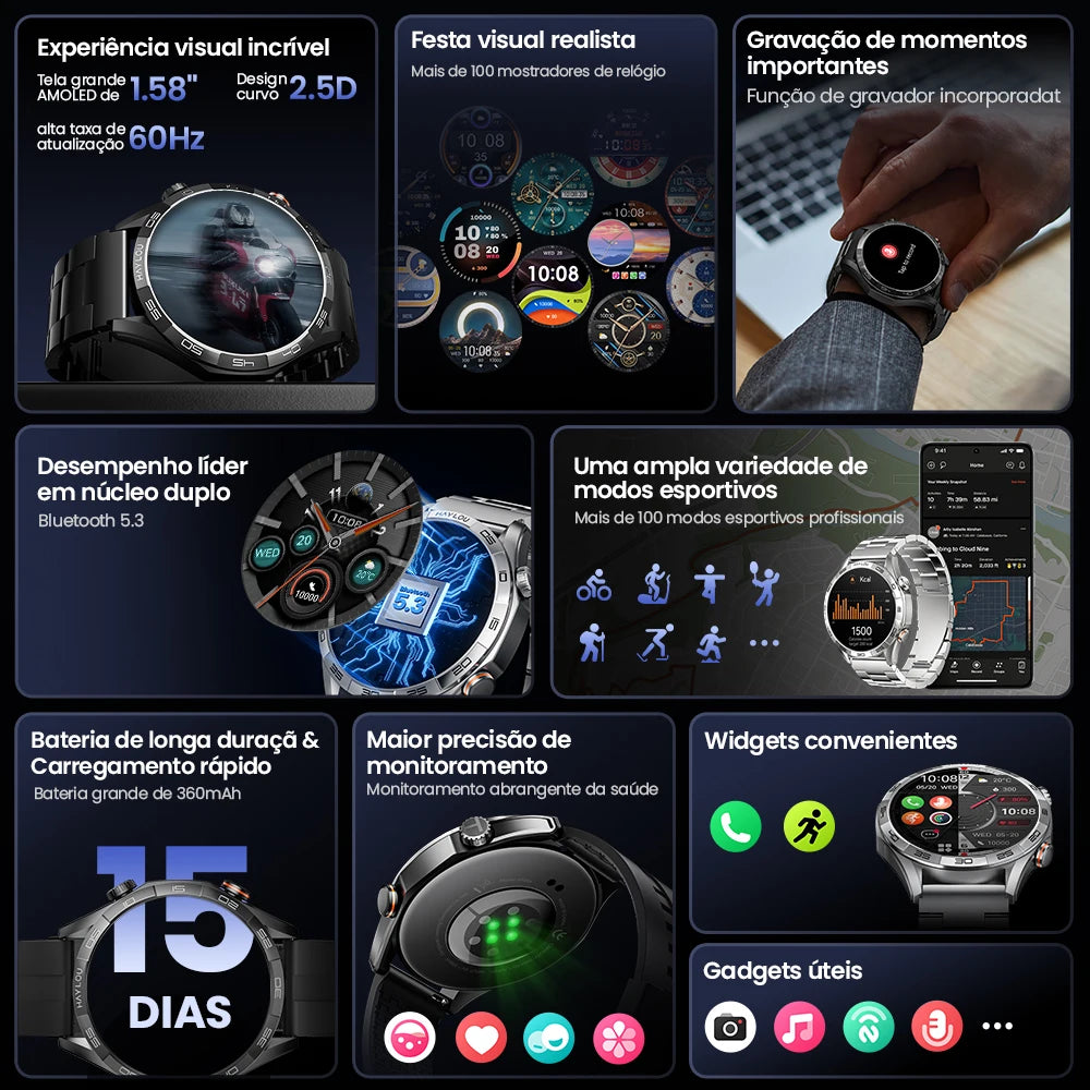 Relógio inteligente Haylou Solar 5 com chamada de voz, tela AMOLED de 1,58'', 60Hz, monitoramento de saúde 24 horas, esportivo, masculino