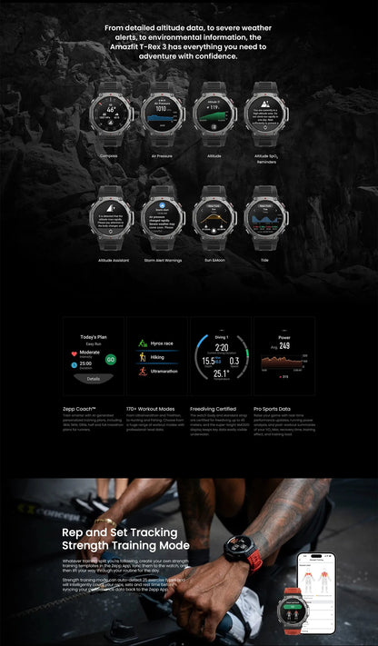 Amazfit T-Rex 3 Smartwatch Outdoor com tela AMOLED de 48 mm, 6 sistemas de satélite, GPS de banda dupla, 170 modos esportivos