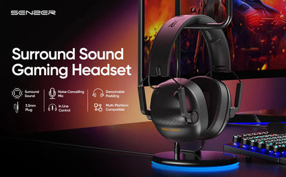 SENZER SG500 Fone de Ouvido Gamer Surround Sound Pro com Microfone com Cancelamento de Ruído – Dobrável e Portátil para PC, PS4, PS5, Xbox