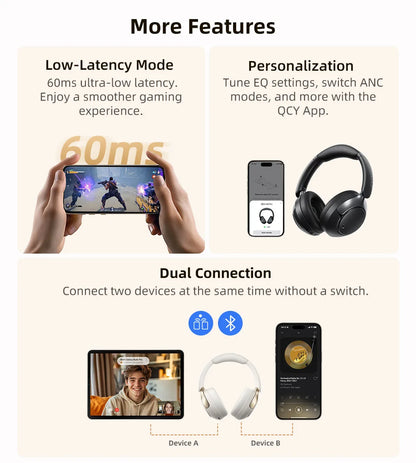 Fone de ouvido sem fio QCY H3 Pro ANC com cancelamento de ruído de 50 dB e áudio espacial de alta resolução com LDAC Bluetooth 5.4.