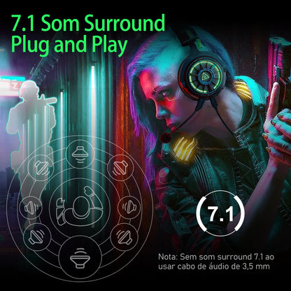 Fones de ouvido gamer profissionais EKSA E5000 para PC/PS4/Xbox/Switch, headset gamer com fio 7.1 e microfone ENC, cabo removível USB/Tipo C/3,5 mm