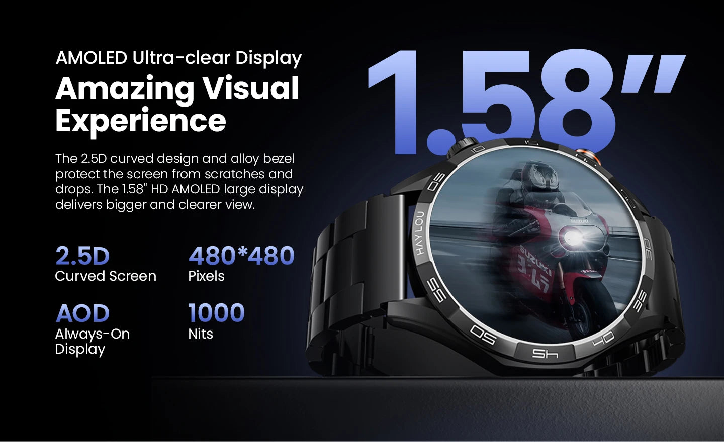 Relógio inteligente Haylou Solar 5 com chamada de voz, tela AMOLED de 1,58'', 60Hz, monitoramento de saúde 24 horas, esportivo, masculino