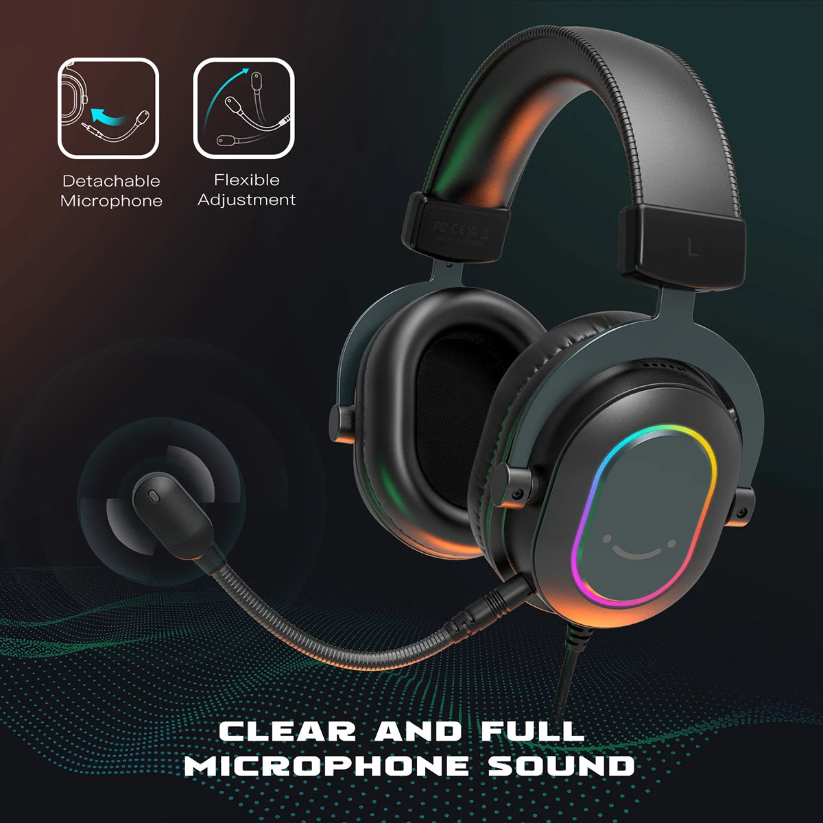 Fone de ouvido gamer Fifine Dynamic RGB com microfone, som surround 7.1, PC, PS4, PS5, 3 opções de equalização, jogos, filmes, música