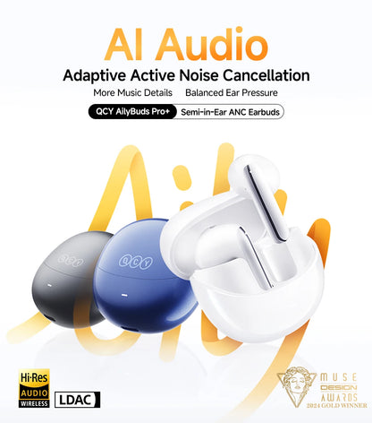 QCY HT10 AilyBuds Pro+ ANC com áudio de alta resolução e Bluetooth 5.3 LDAC, 6 microfones, AI HD, conexão multiponto para chamadas