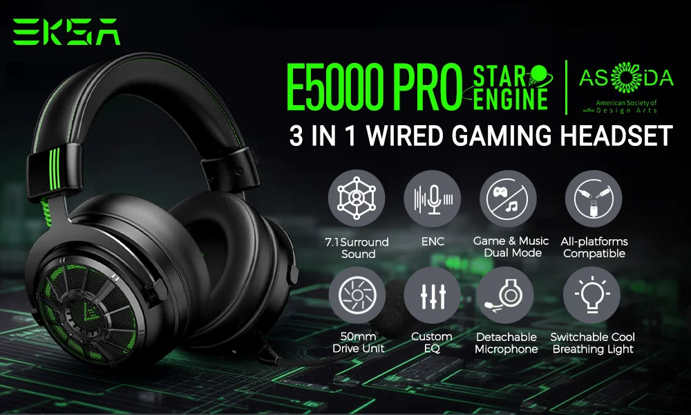Fones de ouvido gamer profissionais EKSA E5000 para PC/PS4/Xbox/Switch, headset gamer com fio 7.1 e microfone ENC, cabo removível USB/Tipo C/3,5 mm