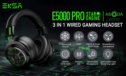 Fones de ouvido gamer profissionais EKSA E5000 para PC/PS4/Xbox/Switch, headset gamer com fio 7.1 e microfone ENC, cabo removível USB/Tipo C/3,5 mm