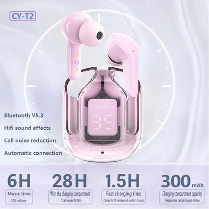 T2 TWS Fones de Ouvido Sem Fio Transparentes – Headset Bluetooth In-Ear com ENC, Fones Esportivos, Display Digital de Energia em LED e Som Estéreo.