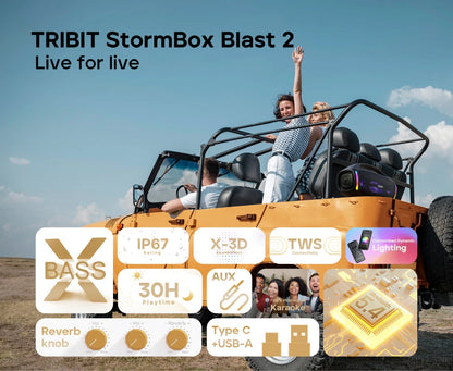Caixa de som Bluetooth TRIBIT StormBox Blast 2, potência de 200 W com subwoofer, caixa de som para festas externa IP67, 30 horas de reprodução, LED, entrada para microfone